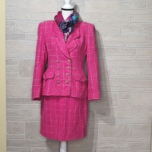 RINA ROSSI VTG PINK WINDOWPANE TWEED SKIRT SET Double Breasted